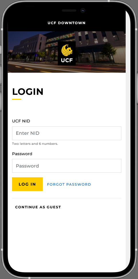 UCF Downtown Login Screen that has a form for user NID and password for login or also the ability to continue as a guest.