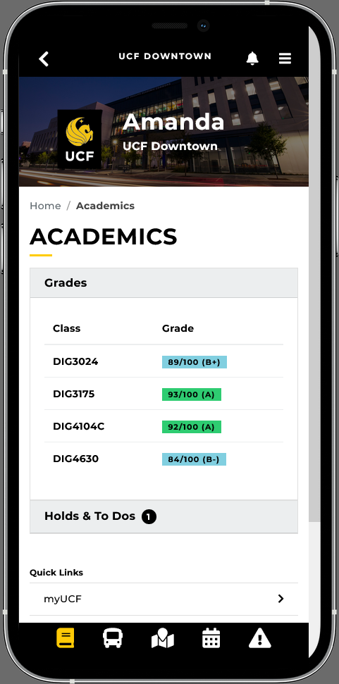 UCF Downtown academics screen displaying the students current grades.