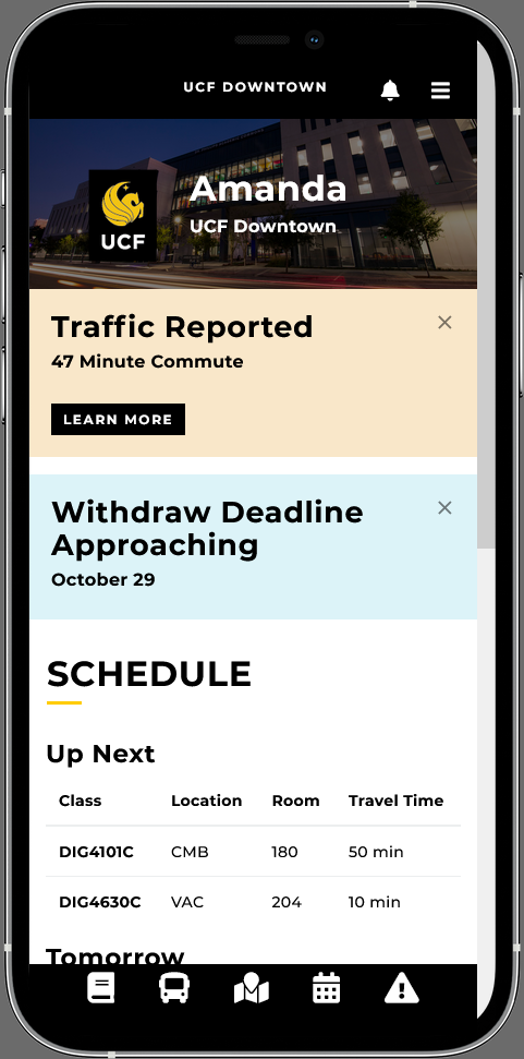 UCF Downtown home screen that displays traffic notifications, important announcements, and the students class schedule.