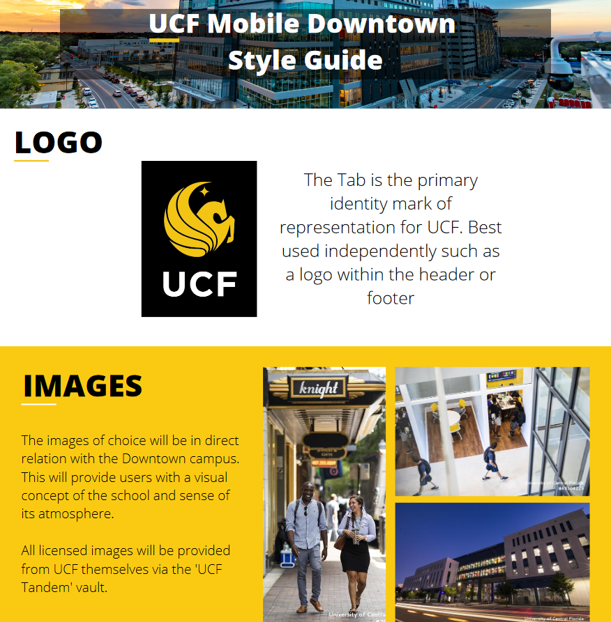 Screenshot of the UCF Downtown application style guide that details the logo and images section. The logo section details how and where the UCF logo is used in the application. The images section details where the images in the application are coming from and why they are being used to help further the design of the application.