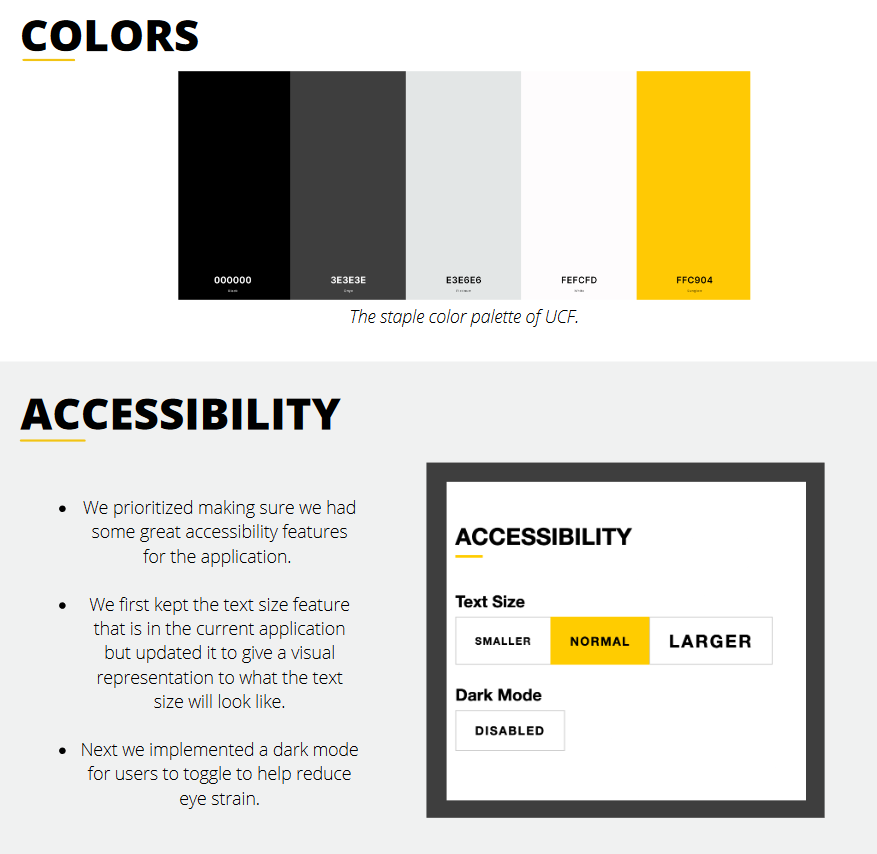 Screenshot of the UCF Downtown application style guide that details the colors and accessibility sections. The colors section shows the UCF color palette and the color codes for the palette. The accessibility section details the specific design choices that were implemented to further the accessibility to the application.