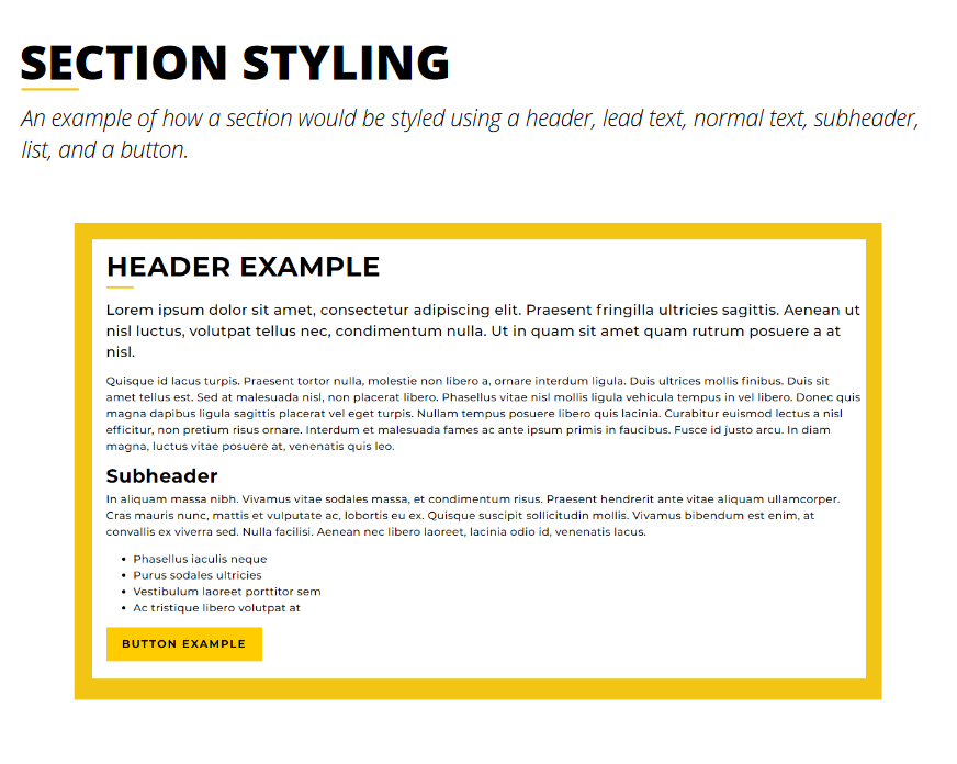 Screenshot of the UCF Downtown application style guide that details the specific example of how the individual sections are intended to be styled.